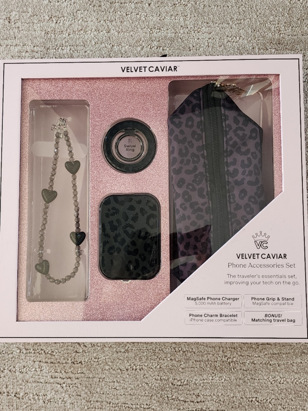 Velvet Caviar Black Leopard Phone Accessory Set & Battery Bank NEW!